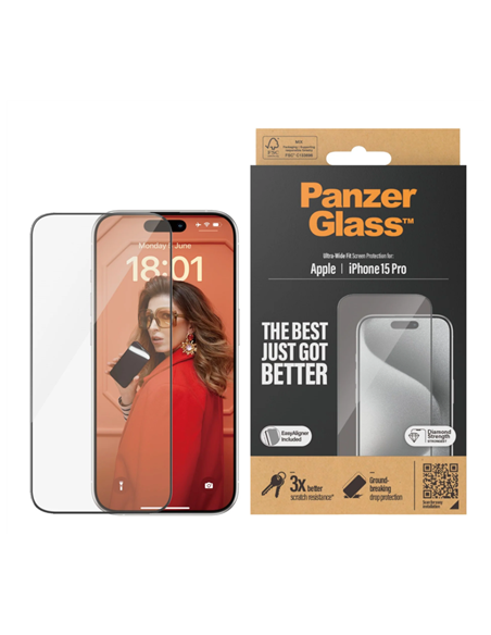 PanzerGlass | Screen protector | Apple | iPhone 15 Pro | Glass | Clear | Easy installation Fingerprint resistant Anti-yellowing