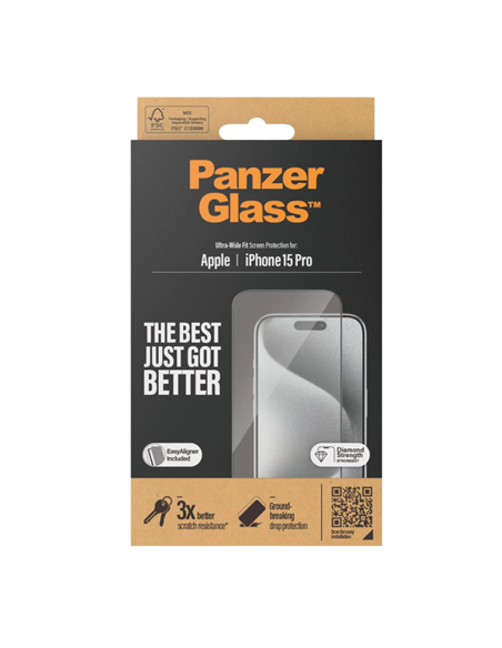 PanzerGlass | Screen protector | Apple | iPhone 15 Pro | Glass | Clear | Easy installation Fingerprint resistant Anti-yellowing