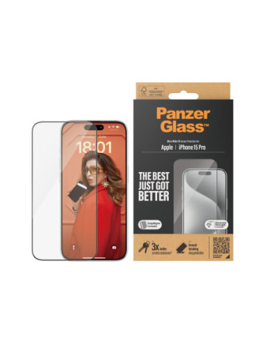 PanzerGlass | Screen protector | Apple | iPhone 15 Pro | Glass | Clear | Easy installation Fingerprint resistant Anti-yellowing