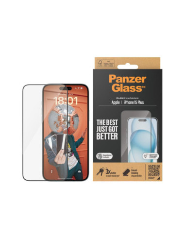 PanzerGlass | Screen protector | Apple | IPhone 15 Plus | Glass | Transparent | Ultra-wide fit, Scratch resistant, Drop protect