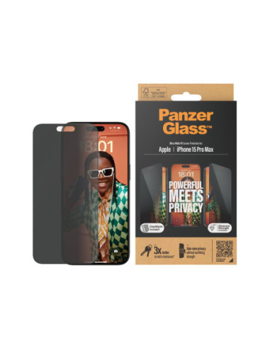 PanzerGlass | Privacy Screen Protector | Apple | iPhone 15 Pro Max | Tempered glass | Black | Ultra-Wide Fit W. Easyaligner