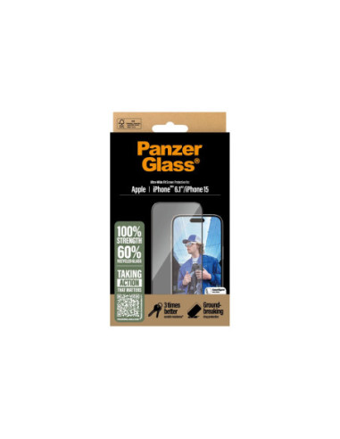 PanzerGlass Screen protector | Apple | iPhone 16/iPhone 15 | Glass | Transparent | Ultra-Wide Fit