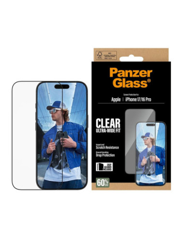PanzerGlass Screen protector | Apple | iPhone 16 Pro/iPhone 17 | Glass | Transparent | Ultra-Wide Fit w. EasyAligner