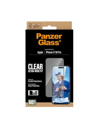 PanzerGlass Screen protector | Apple | iPhone 16 Pro/iPhone 17 | Glass | Transparent | Ultra-Wide Fit w. EasyAligner