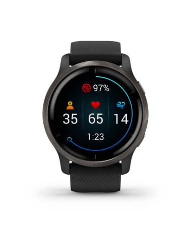 GARMIN VENU®2 Skalūno spalvos nerūdijančiojo plieno apvadas, su juodu korpusu ir silikoniniu dirželiu