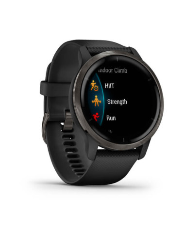 GARMIN VENU®2 Skalūno spalvos nerūdijančiojo plieno apvadas, su juodu korpusu ir silikoniniu dirželiu