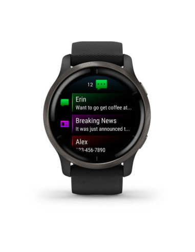 GARMIN VENU®2 Skalūno spalvos nerūdijančiojo plieno apvadas, su juodu korpusu ir silikoniniu dirželiu