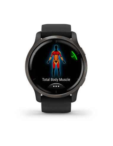 GARMIN VENU®2 Skalūno spalvos nerūdijančiojo plieno apvadas, su juodu korpusu ir silikoniniu dirželiu