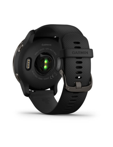 GARMIN VENU®2 Skalūno spalvos nerūdijančiojo plieno apvadas, su juodu korpusu ir silikoniniu dirželiu