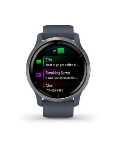 GARMIN VENU®2 Sidabro spalvos nerūdijančiojo plieno apvadas, su „Granite Blue“ mėlynu korpusu ir silikoniniu dirželiu