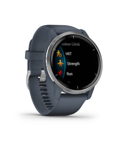 GARMIN VENU®2 Sidabro spalvos nerūdijančiojo plieno apvadas, su „Granite Blue“ mėlynu korpusu ir silikoniniu dirželiu