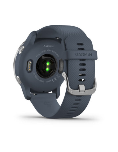 GARMIN VENU®2 Sidabro spalvos nerūdijančiojo plieno apvadas, su „Granite Blue“ mėlynu korpusu ir silikoniniu dirželiu