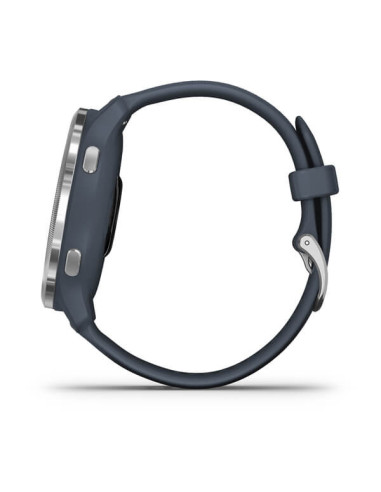 GARMIN VENU®2 Sidabro spalvos nerūdijančiojo plieno apvadas, su „Granite Blue“ mėlynu korpusu ir silikoniniu dirželiu