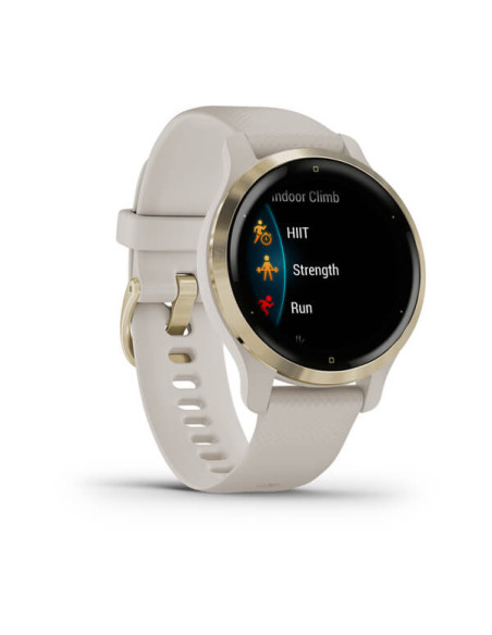 GARMIN VENU®2S Geltonojo aukso spalvos nerūdijančiojo plieno apvadas, su šviesaus smėlio spalvos korpusu ir silikoniniu dirželiu