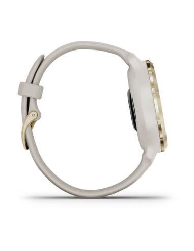 GARMIN VENU®2S Geltonojo aukso spalvos nerūdijančiojo plieno apvadas, su šviesaus smėlio spalvos korpusu ir silikoniniu dirželiu