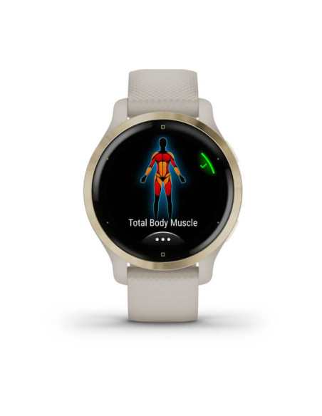 GARMIN VENU®2S Geltonojo aukso spalvos nerūdijančiojo plieno apvadas, su šviesaus smėlio spalvos korpusu ir silikoniniu dirželiu