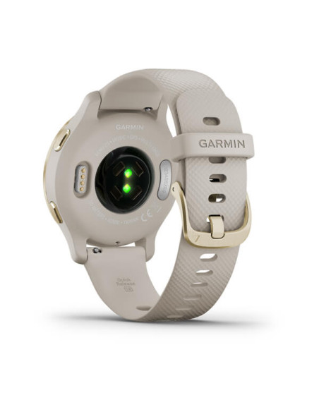 GARMIN VENU®2S Geltonojo aukso spalvos nerūdijančiojo plieno apvadas, su šviesaus smėlio spalvos korpusu ir silikoniniu dirželiu