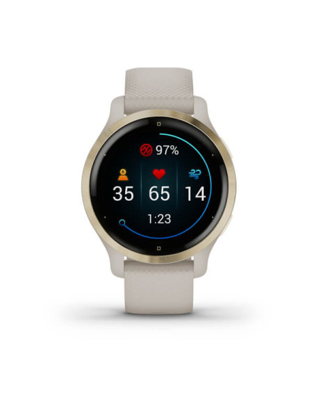 GARMIN VENU®2S Geltonojo aukso spalvos nerūdijančiojo plieno apvadas, su šviesaus smėlio spalvos korpusu ir silikoniniu dirželiu