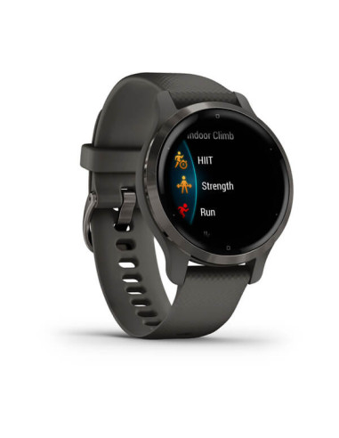 GARMIN VENU®2S Skalūno spalvos nerūdijančiojo plieno apvadas, su grafito spalvos korpusu ir silikoniniu dirželiu