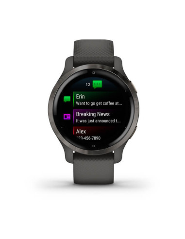 GARMIN VENU®2S Skalūno spalvos nerūdijančiojo plieno apvadas, su grafito spalvos korpusu ir silikoniniu dirželiu