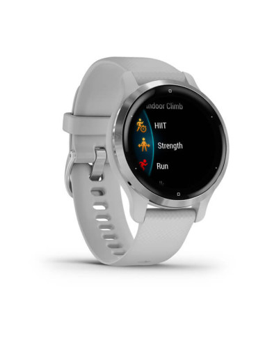 GARMIN VENU®2S Sidabro spalvos nerūdijančiojo plieno apvadas, su „Mist Grey“ pilku korpusu ir silikoniniu dirželiu
