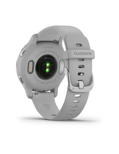 GARMIN VENU®2S Sidabro spalvos nerūdijančiojo plieno apvadas, su „Mist Grey“ pilku korpusu ir silikoniniu dirželiu