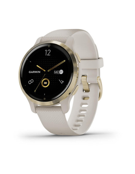 GARMIN VENU®2S Geltonojo aukso spalvos nerūdijančiojo plieno apvadas, su šviesaus smėlio spalvos korpusu ir silikoniniu dirželiu